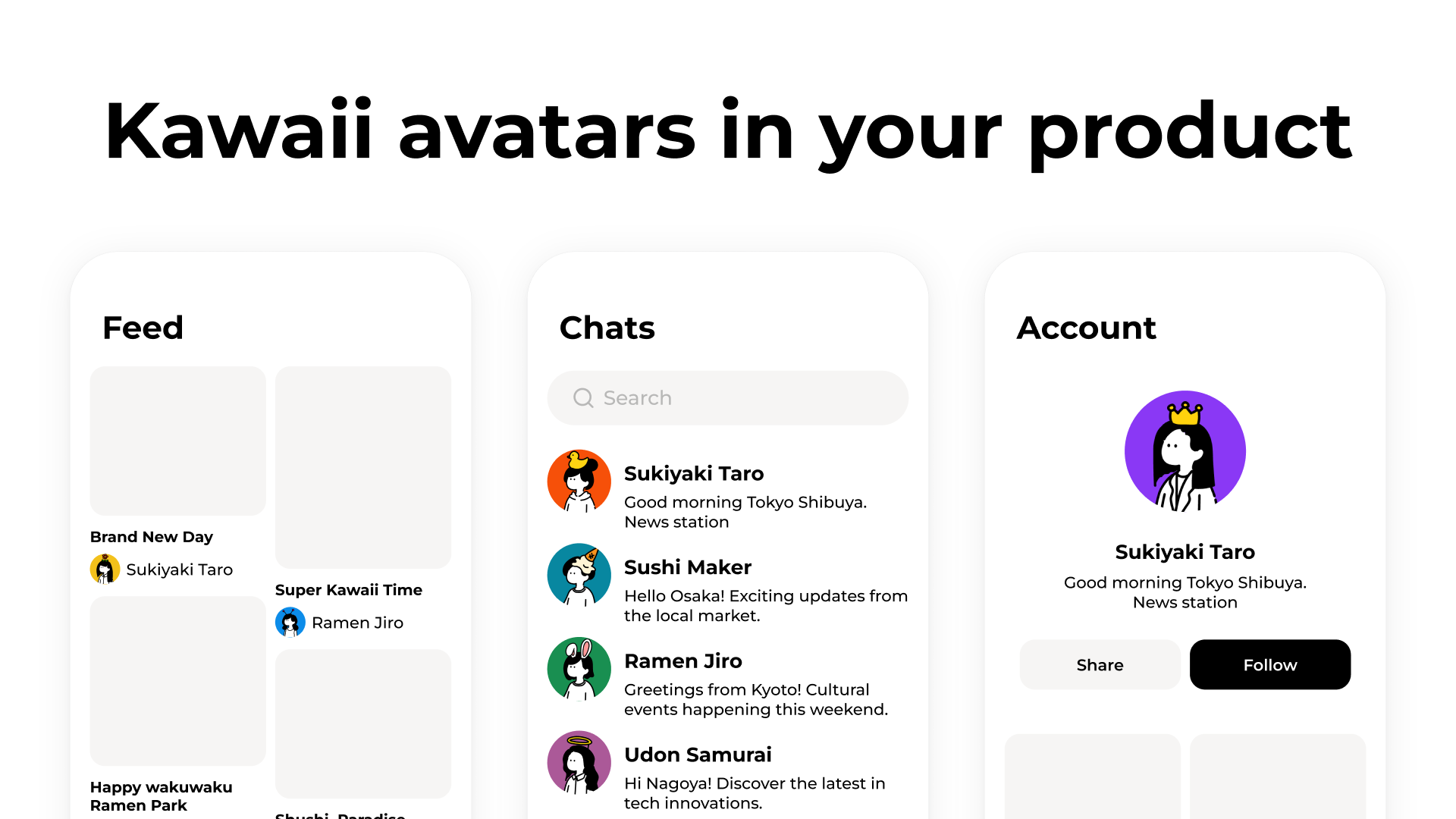 Kawaii avatars in product screens